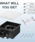 Heavy Duty 120 CFM Bathroom Exhaust Fan Ceiling Mounted 8X8 Inch components including grille, fan housing, manual, and screws.