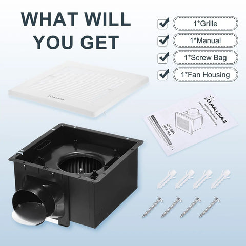 Heavy Duty 120 CFM Bathroom Exhaust Fan Ceiling Mounted 8X8 Inch components including grille, fan housing, manual, and screws.