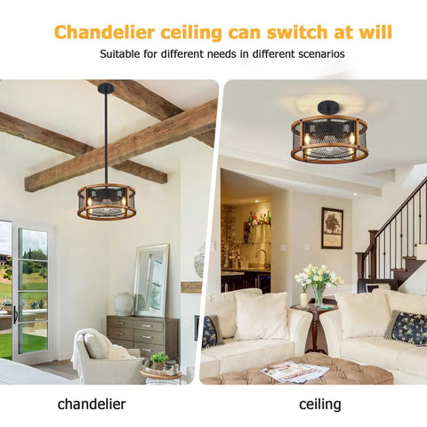 Dope Industrial Farmhouse Ceiling Fan With Lights, Caged Wood Design, pendant and recessed in living room scene.