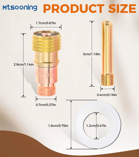 Ceramic TIG Welding Cup Set Pro Grade With Chuck 12 14 16 24 For WP 17 18 26 Torch Gas Lens Kit product dimensions