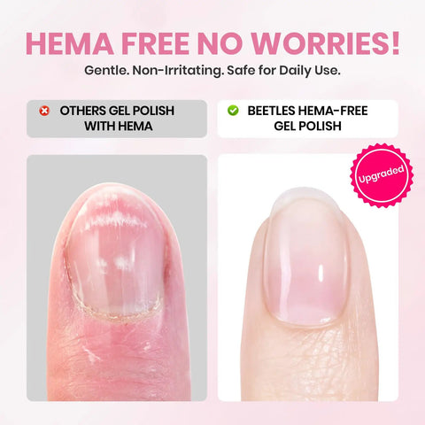 Comparison of HEMA gel polished nail and HEMA-Free Pink Gel Nail Kit polished nail.