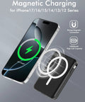 Super Sleek MagSafe Power Bank With 10000Mah Magnetic Portable Charger For Iphone 16 15 showing magnetic charging connection.