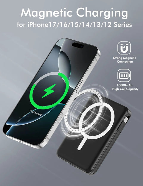 Super Sleek MagSafe Power Bank With 10000Mah Magnetic Portable Charger For Iphone 16 15 showing magnetic charging connection.