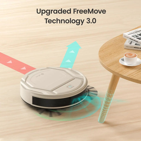 Slim Quiet Robot Vacuum With 2200Pa Suction For Pet Hair navigating around a table using FreeMove Technology 3.0, M210 Pro model