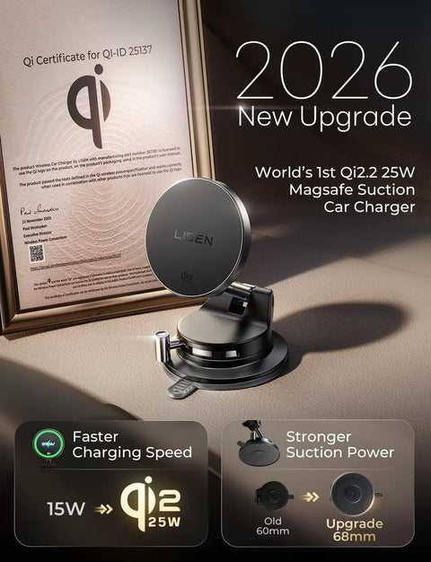 MagSafe Car Mount Charger With 25W Fast Wireless Power showing Qi certificate and features
