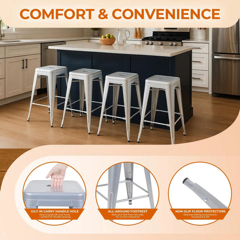 Moonlight Silver Metal Bar Stools Pair, 24 Inch Industrial One Piece Steel Counter Stools For Loft And Workshop in modern kitchen