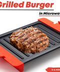 Grilled burger on Maconee Microwave Grill For Melty Cheesy Sandwiches And Crispy Paninis, cooking in 5-6 mins, infrared plate.