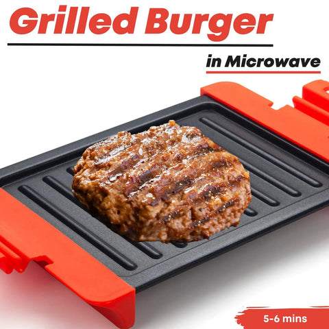 Grilled burger on Maconee Microwave Grill For Melty Cheesy Sandwiches And Crispy Paninis, cooking in 5-6 mins, infrared plate.