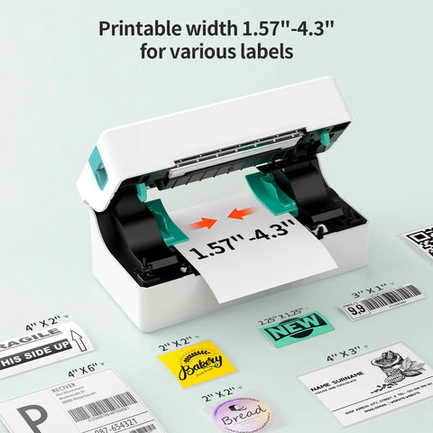 Bluetooth Thermal Shipping Label Printer For 4x6 Labels showing label printing with various label sizes, compatible with Windows Mac Android iPhone