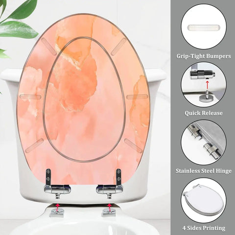 Elongated Toilet Seat Quiet Close for Home Bathroom with grip-tight bumpers and stainless steel hinge, pastel design.