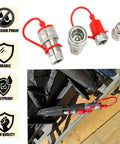 Two Pack 1/2 Inch NPT Ag Hydraulic Quick Connect Couplers With Dust Caps ISO5675 Ball Pioneer Heavy Duty Quick Connect Set shown unconnected and installed