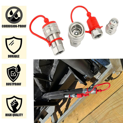 Two Pack 1/2 Inch NPT Ag Hydraulic Quick Connect Couplers With Dust Caps ISO5675 Ball Pioneer Heavy Duty Quick Connect Set shown unconnected and installed