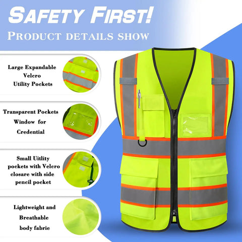 Custom Logo High Visibility Safety Vest Hella Bright Reflective Hi Vis Construction Workwear For Men And Women Crew Gear With Your Company Printed Back Panel featuring large pockets and lightweight breathable fabric.