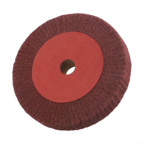 Six Inch Non Woven Nylon Flap Wheel Disc 320 Grit Be Beefy Buffing Tool For Metal Polishing, red finish side view