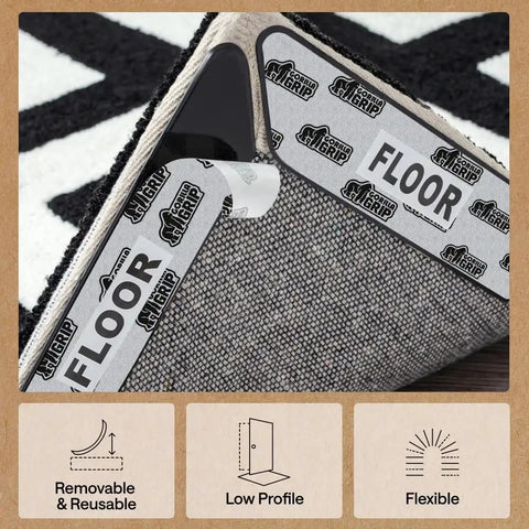 Close-up of Rug Gripper Pads Extra Long Reusable Double Sided Adhesives Keep Rugs Flat at Corners and Stay Put on hardwood floors.