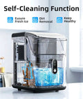 Quick Chill Countertop Nugget Ice Maker Churns Out Soft Chewable Pellet Ice In Eight Minutes With Solid Daily Capacity showing self-cleaning function.