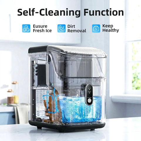 Quick Chill Countertop Nugget Ice Maker Churns Out Soft Chewable Pellet Ice In Eight Minutes With Solid Daily Capacity showing self-cleaning function.