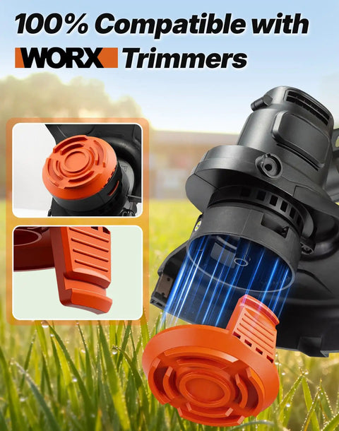 Three Pack WA0010 Replacement Spool Cap Covers For Worx Trimmers Heavy Duty ABS Weed Eater Cap installed on trimmer