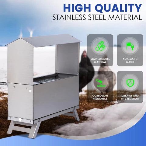 1.6 Gallon Automatic Chicken Waterer, Stainless Steel Poultry Dispenser with Float Valve Kit on grass with features highlighted