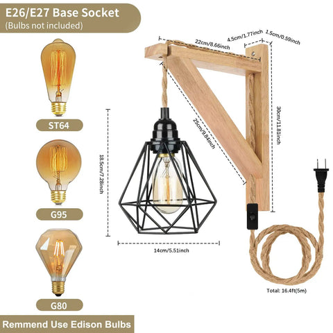 Plug In Rustic Farmhouse Wall Lamp With Wood Shelf Bracket Black Metal Cage Shade Corded Sconce for Hallway or Living Room