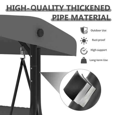 Focus on thickened pipe material of Three Seat Patio Swing With Adjustable Canopy And Stand, rust-proof for long-term use.