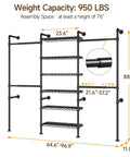 Detailed dimensions of Heavy Duty Wall Mounted Closet System With Expandable Industrial Pipe Clothing Rack displaying weight capacity and adjustable size.