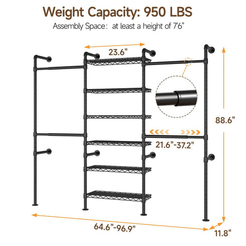 Detailed dimensions of Heavy Duty Wall Mounted Closet System With Expandable Industrial Pipe Clothing Rack displaying weight capacity and adjustable size.