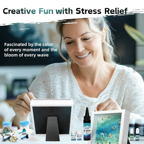 Woman using Dope Ocean Beach UV Resin Art Kit For Adults And Teens A Beginner Friendly All In One Sea Craft Set With Light Frame Pigments Sand And Seashells To Create Glow In The Dark Coastal Masterpieces