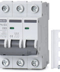 3 Pole 240 Volt AC Miniature Circuit Breaker 63 Amp Heavy Duty Panel Protector For Overload And Short Circuit Magnetic Curve C Trip Silver Alloy Contacts Flame Retardant Shell Easy Control And Isolation front view with DIN rail mount