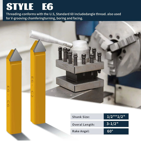 Two yellow carbide-tipped lathe cutter tools for metal turning and chamfering with 1/2in shank
