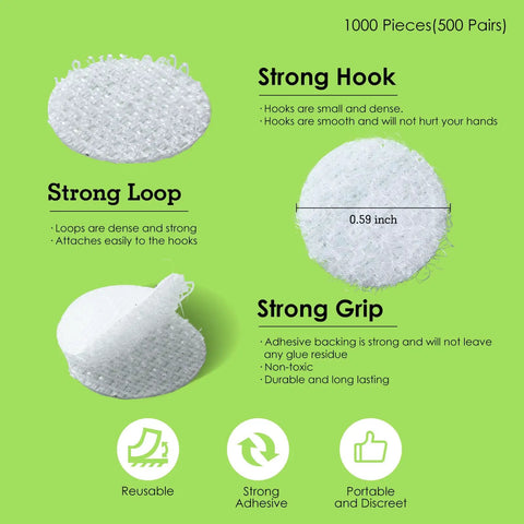 Close-up of Huge Pack Of 1000 Nylon Hook And Loop Adhesive Dots 0.59 Inch White Self Adhesive Circular Sticky Dots for crafts.