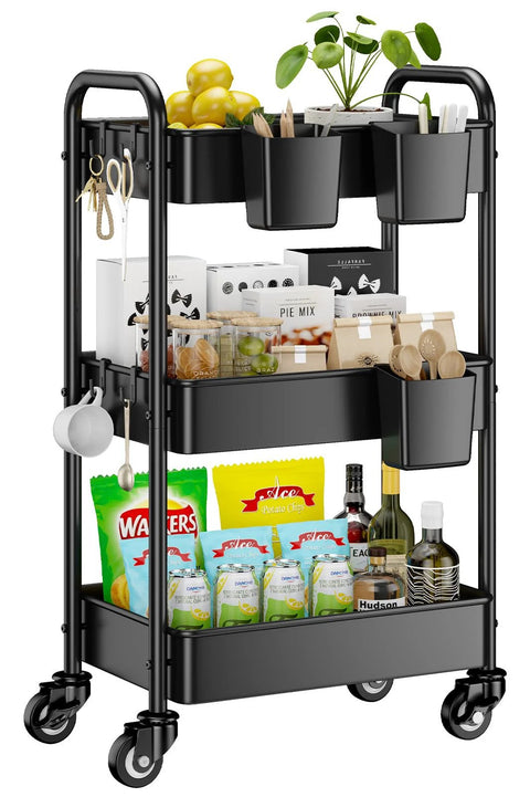 Black 3-tier rolling cart stocked with kitchen items on YSK 304 3 Tier Rolling Cart Replacement Wheels Set For Smooth Mobility And Durable Performance.