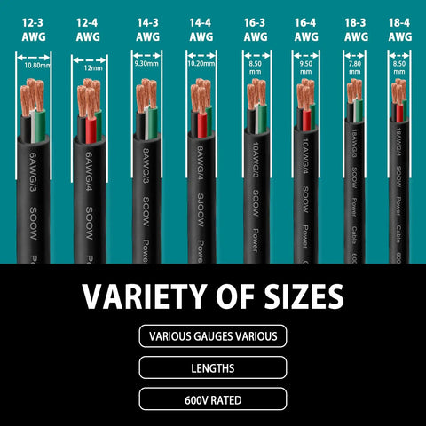 Heavy Duty 14 Awg 4 Conductor Soow Wire 25 Ft Portable Power Cable Built Different For Rough Jobs With Totally Oil Resistant Jacket Plug And Play Cord For Ev Chargers Welders And Generators showing various sizes and gauges.