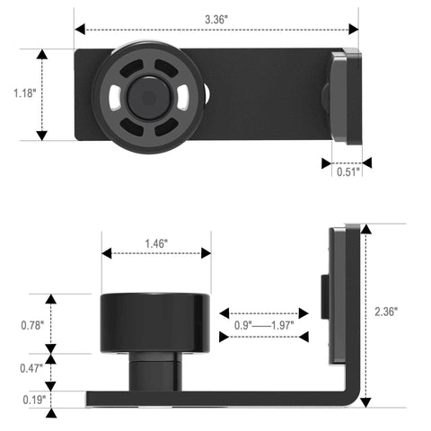 Sliding Barn Door Floor Guide With Adjustable Wall Mount And Bottom Double Nylon Rollers, Built To Last Heavy Duty Steel Frame, Black Finish For Smooth, Quiet Sliding, Fits 1 To 2 Inch Door Thickness, 3.66 By 1.18 By 2.36 Inches, Scratch Resistant shown in front and side view with dimensions.
