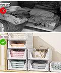 Four Pack Folding Closet Organizer Bins With Stackable Design For Wardrobe, Closet, Kitchen, Bathroom And Office White 4L Capacity Lightweight Durable Easy Access Space Saver Tidy Up in use before and after showcasing organized and neat storage.