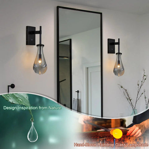 Black Raindrop Glass Wall Sconce With On Off Switch Sleek Modern Vanity Light Fixture in a bathroom setting, highlighting lamp detail.