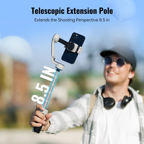 Man using CQ5 Combo 3-Axis Phone Gimbal With AI Face Tracking Fill Light and telescopic pole outdoors.