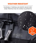 Close-up of Arsenal 5030L Large Tarpaulin Water Resistant Duffel Bag zippers with weather-resistant material detail