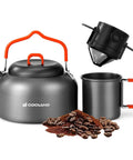 1.2L Camping Coffee Pot Set With Kettle, Mug And Percolator for stove top brewing, shown with fresh coffee beans