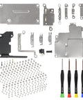 Inner Complete Screws Set With Full Internal Metal Bracket Kit Replacement For iPhone 12, with screwdrivers, brackets, and screws.