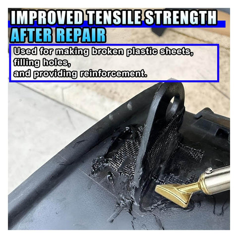 Close-up of 10-Piece Stainless Steel Welding Mesh Kit For Thermoplastic Repair applied to a plastic component for reinforcement.