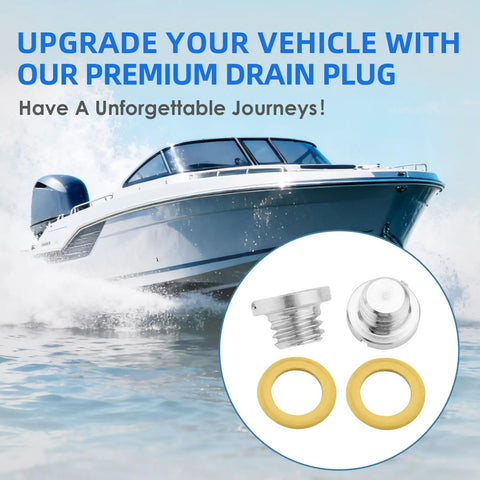 Two Pack Outboard Lower Unit Oil Drain Plug Kit for Mercury MerCruiser Bravo Alpha 1 Gen 2 with boat in background