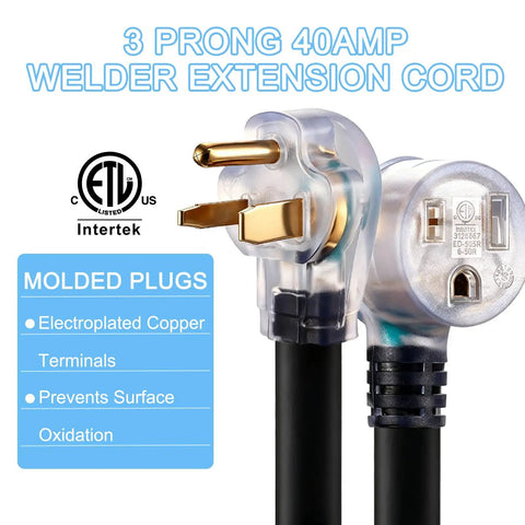 Heavy Duty 250V Welder Extension Cord 40 Ft with NEMA 6-50 STW 8AWG 3C Lighted End ETL Listed close-up of molded plug