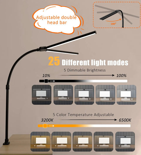 Double Head LED Desk Lamp With 24W Power showing adjustable arm, dimmable brightness, color temperature modes, home office use
