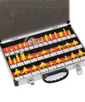 Slick Tungsten Carbide Router Bit Set Featuring Badass One Quarter Inch Shank And Premium Thirty Five Piece Woodworking Cutters displayed in a case.