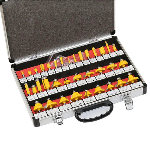 Slick Tungsten Carbide Router Bit Set Featuring Badass One Quarter Inch Shank And Premium Thirty Five Piece Woodworking Cutters displayed in a case.