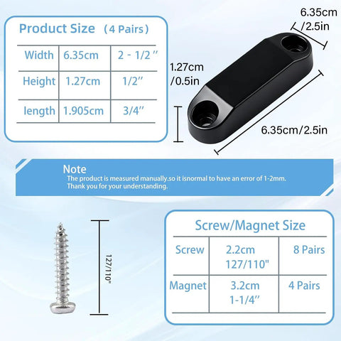 Dimensions and components of Magnetic Baggage Door Catches And Door Holder For Cabinets And Drawers, Black Finish, No Drill Mounting