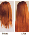 Before and after hair treatment showing improved texture and length on reddish-brown hair from the back view.