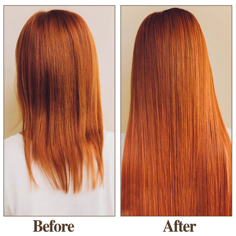 Before and after hair treatment showing improved texture and length on reddish-brown hair from the back view.