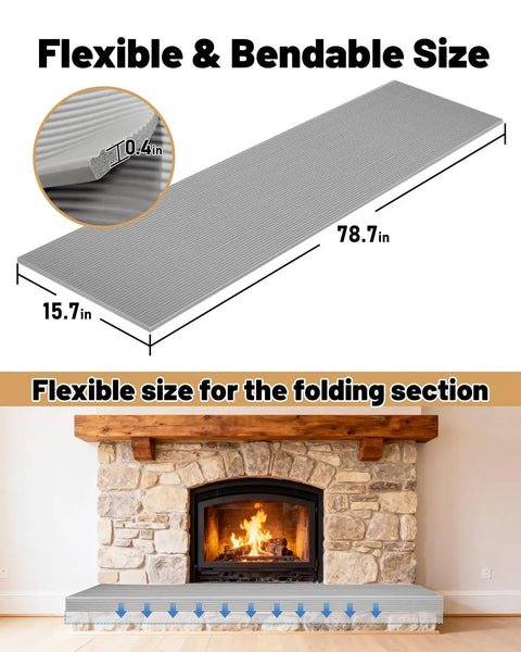 High Density NBR Foam Fireplace Hearth Pad For Straight Up Baby Proofing And Toddler Safety With Strong Adhesive Backing showing flexible size and dimensions.